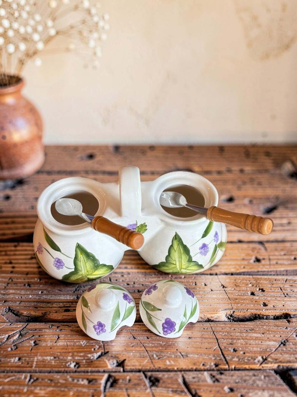 Hand-Painted Ceramic Jam & Jelly Server Set With Spoons vintage